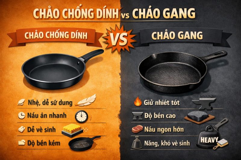 Chảo chống dính và chảo gang